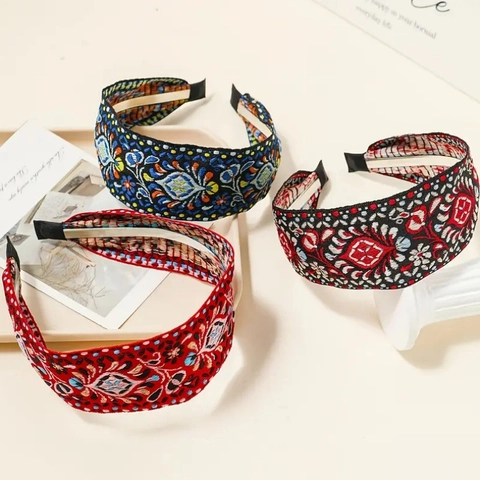 Vintage Ethnic Embroidery Wide Headband For Women Bohemian Floral Fabric Hair Hoop Retro Handmade Hair Accessories Travel Gift
