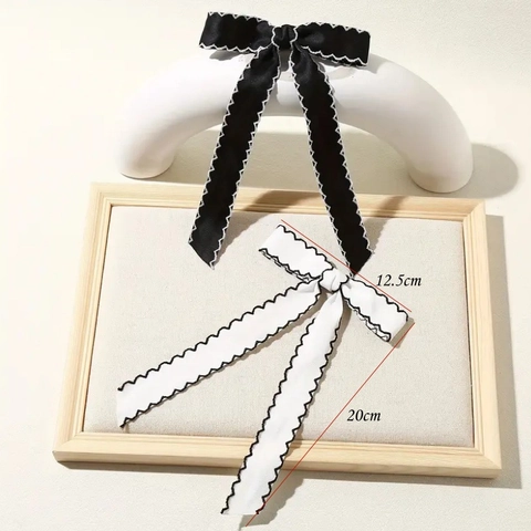 Pinza para el Pelo con Lazo de Borde Ondulado Vintage Cinta Larga de Satén Coletero Color de Contraste Accesorios Mujer