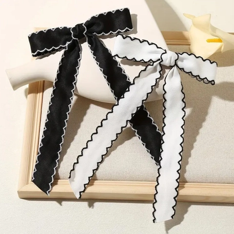 Pinza para el Pelo con Lazo de Borde Ondulado Vintage Cinta Larga de Satén Coletero Color de Contraste Accesorios Mujer
