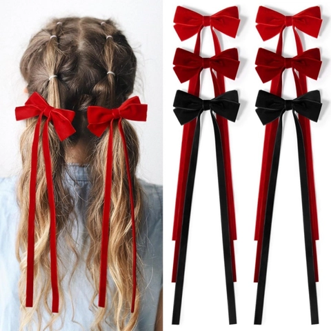 Velvet Bow Hair Clips With Long Ribbon Streamers Ballet Style Girls Hair Accessories Solid Color Princess Hairpins