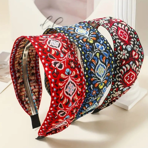 Vintage Ethnic Embroidery Wide Headband For Women Bohemian Floral Fabric Hair Hoop Retro Handmade Hair Accessories Travel Gift