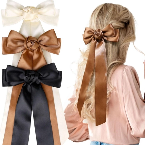 Lange Satin Rose Schleife Haarspange Süße Elegante Prinzessin Band Streamer Haarnadel Handgefertigt Damen Haarschmuck Kopfschmuck