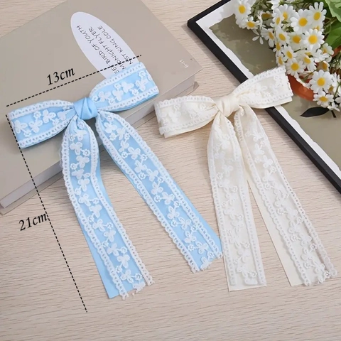 Französische Vintage Spitze Schleife Haarklammer Mit Langem Band Satin Stickerei Krokodilklemme Süßer Haarschmuck Für Damen