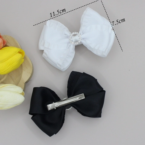 Elegante Pinza para el Cabello de Lazo de Satén con Volantes y Diamantes de Imitación Doble Capa Hecha a Mano Princesa