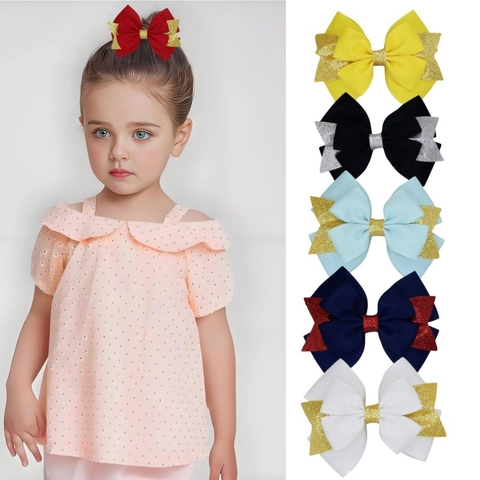 Pinzas para el Cabello con Lazo de Cinta de Grosgrain de Varias Capas para Niñas Brillo Lentejuelas Clips de Cocodrilo Accesorios