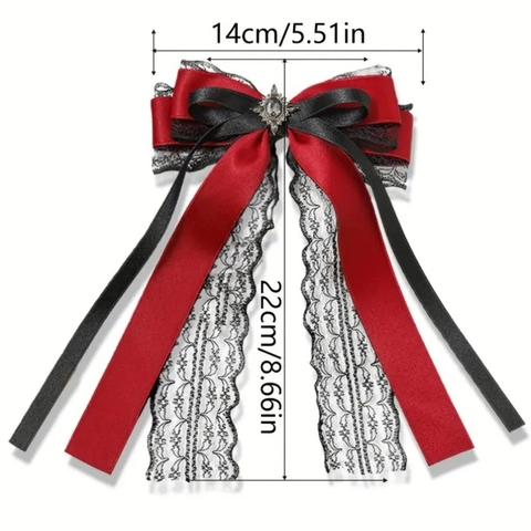 Pinza para el Cabello con Lazo Gótico Lolita Vintage para Mujer Elegante Cinta de Satén Encaje Negro Borla Tocado Hecho a Mano Joyería de Strass Pinza de Cocodrilo