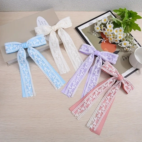 Französische Vintage Spitze Schleife Haarklammer Mit Langem Band Satin Stickerei Krokodilklemme Süßer Haarschmuck Für Damen