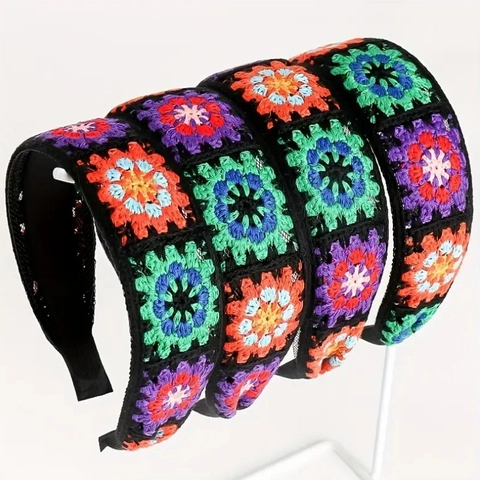 Böhmisch Gehäkelt Blume Haarreif Handgefertigt Strick Granny Square Haarband Retro Ethnisch Stil Damen Elegant Haarschmuck