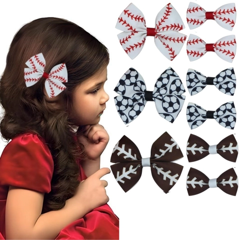 Handmade Grosgrain Ribbon Bow Hair Clips Girls Baseball Soccer Football Sports Printed Alligator Clip Hair Accessories