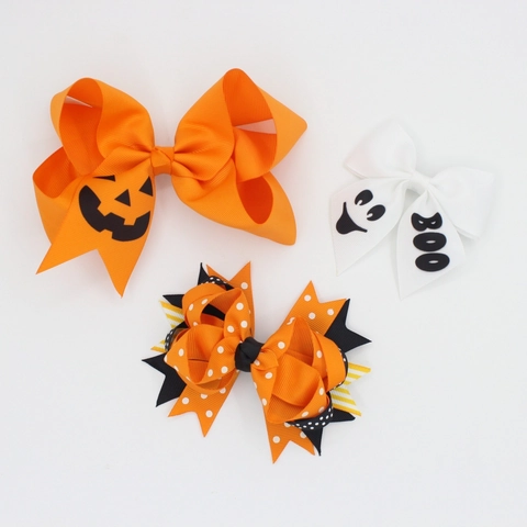 Handmade Halloween Ghost Pumpkin Bow Hair Clips For Girls Women Polyester Grosgrain Ribbon Bowknot Festive Hair Accessories