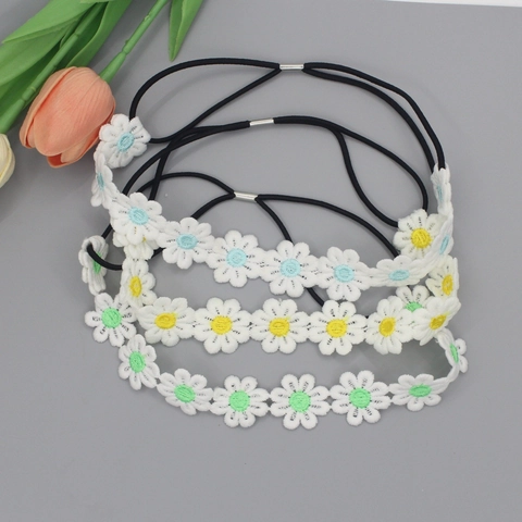 Diadema de Encaje con Bordado de Margarita para Niñas y Mujeres Banda Elástica Floral para el Cabello Accesorios Bohemia