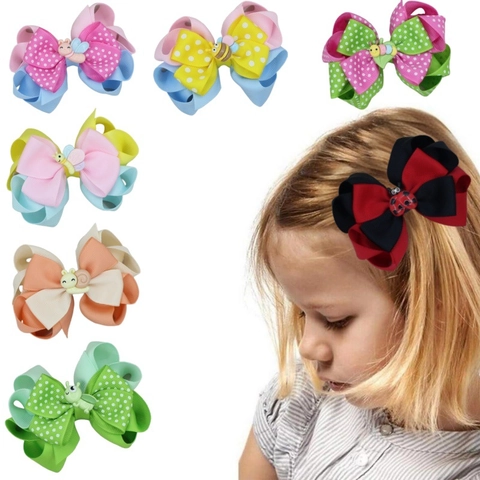 Leuke Cartoon Strik Haarspelden Voor Kinderen Grosgrain Lint Stippen Gelaagde Zoete Prinses Haaraccessoires Voor Meisjes