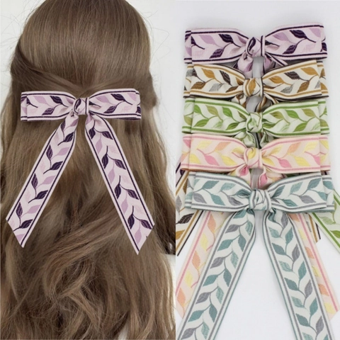 Süße Stickerei Blatt Schleife Haarspange Langes Band Jacquard Stoff Krokodilklemme Für Damen Mädchen Haarschmuck Geschenk