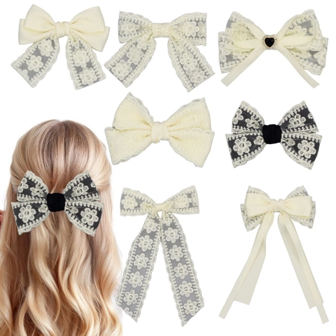 Pinza para el Pelo con Lazo de Encaje Horquilla con Cinta Larga Vintage Francés Bordado Floral Pasador para el Cabello Mujer