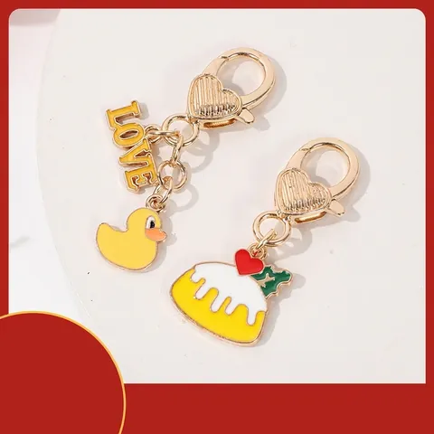 Zinklegierung Cartoon Gelbe Ente LOVE Herz Pudding Anhänger Schlüsselanhänger Metall Schlüsselring Für Damen Kinder Geschenk