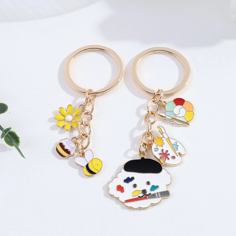 Cute Cartoon Painter Dog Bee Zinc Alloy Metal Keychain Enamel Flower Honey Pot Pendant Bag Charm Car Keyring Jewelry Gift