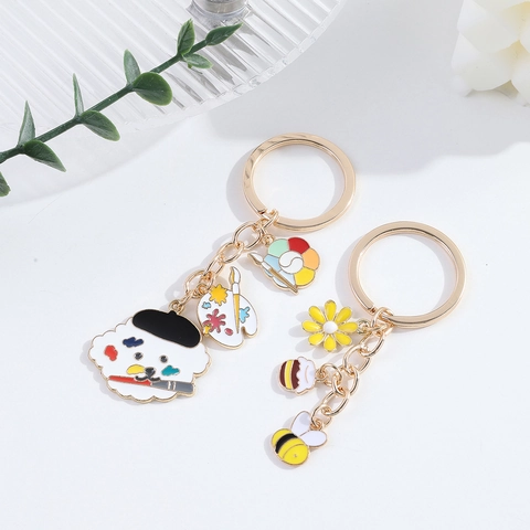 Cute Cartoon Painter Dog Bee Zinc Alloy Metal Keychain Enamel Flower Honey Pot Pendant Bag Charm Car Keyring Jewelry Gift