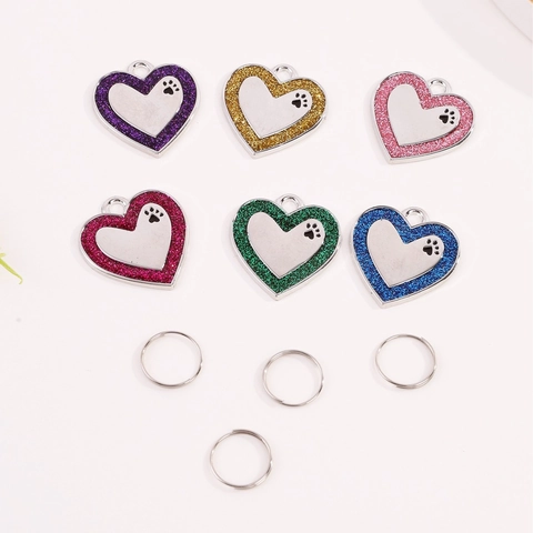 Heart Shaped Metal Pet ID Tag With Glitter Border Claw Print Pattern Cute Anti-Lost Identity Hanging Tag For Dog Cat