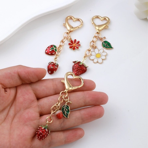 Simulation Fruit Strawberry Pendant Metal Keychain Enamel Flower Heart Lobster Clasp Bag Hanging Ornament For Women