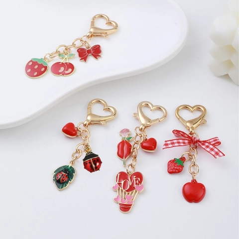 Cute Fruit Enamel Metal Keychain For Women Girls Heart Lobster Clasp Bag Charm Strawberry Cherry Ladybug Bow Jewelry Gift