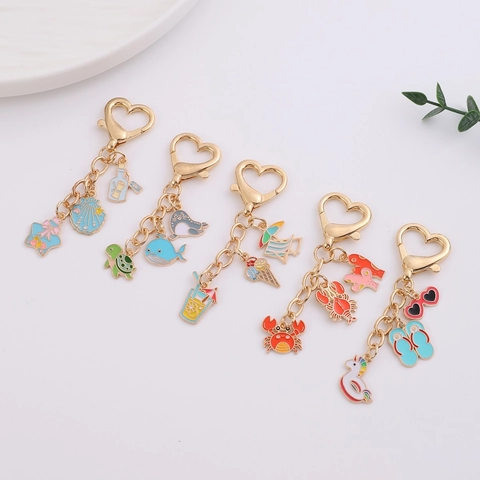 Llavero de Animal de Playa de Verano Dorado en Forma de Corazón de Aleación de Zinc Con Amuletos de Tortuga Cangrejo Regalo Mujer