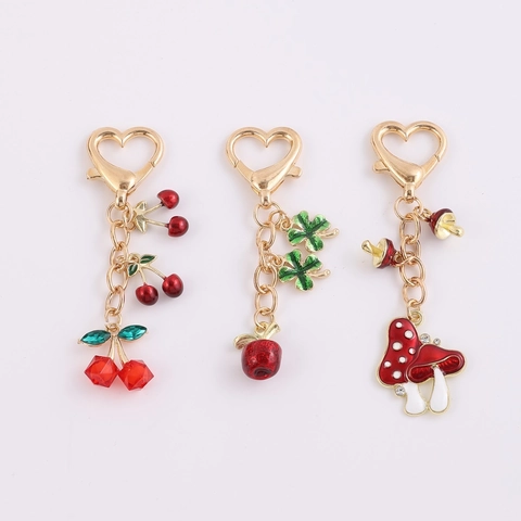 Legierung Emaille Frucht Pilz Schlüsselanhänger Mit Herzverschluss Strass Apfel Kirsche Pilz Metall Schlüsselring Geschenk Für Damen