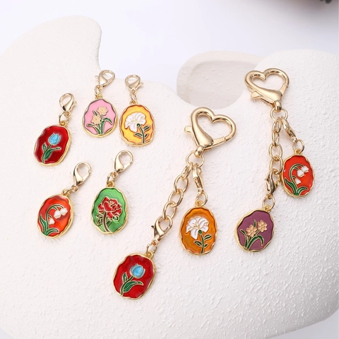 Vintage Enamel Flower Keychain Zinc Alloy Floral Bag Pendant Featuring Rose Tulip Lily Orchid Patterns Elegant Metal Charm Accessory