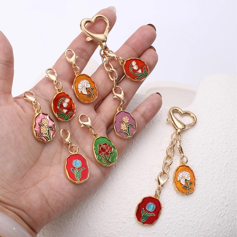 Vintage Enamel Flower Keychain Zinc Alloy Floral Bag Pendant Featuring Rose Tulip Lily Orchid Patterns Elegant Metal Charm Accessory