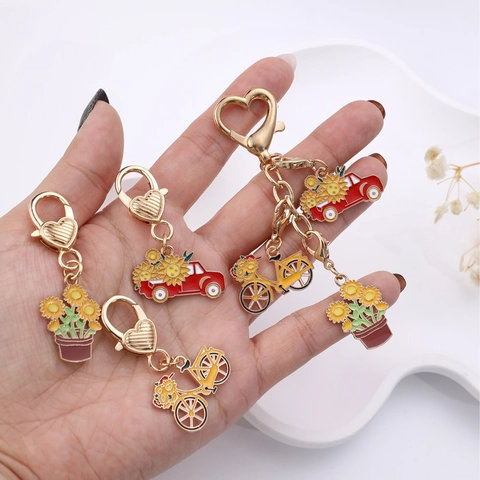 Sunflower Truck Bicycle Potted Plant Alloy Enamel Keychain Pastoral Style Floral Bag Charm For Women Car Phone Keyring Gift