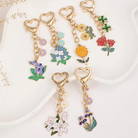 Enamel Flower Keychain For Women Zinc Alloy Lily Hydrangea Rose Sunflower Heart Clasp Bag Pendant Keychain Jewelry Gift