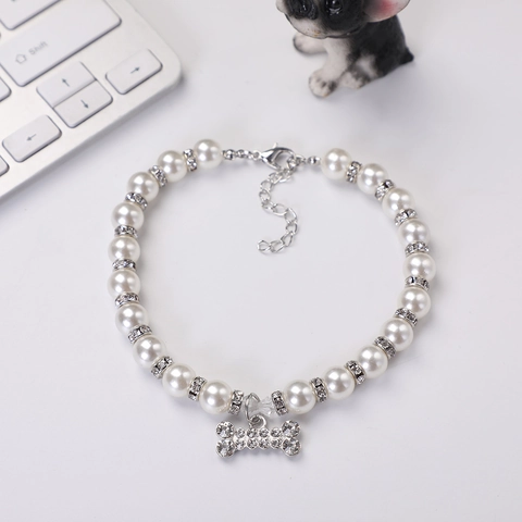 Elegant Pet Artificial Pearl Necklace With Rhinestone Bone Pendant Adjustable Alloy Jewelry Collar For Small Dogs And Cats
