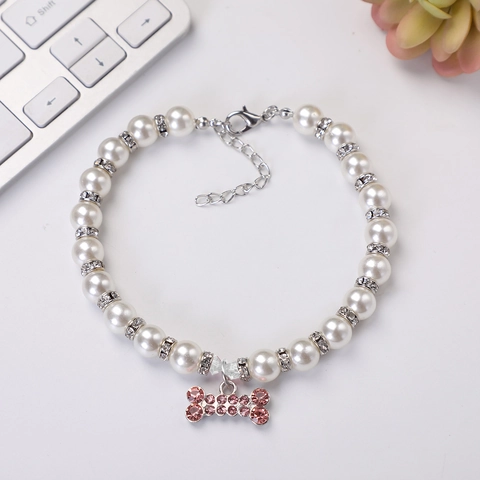Elegant Pet Artificial Pearl Necklace With Rhinestone Bone Pendant Adjustable Alloy Jewelry Collar For Small Dogs And Cats