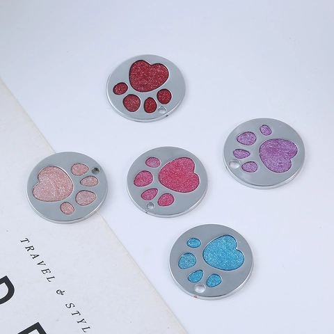 Round Paw Print Pet ID Tag Zinc Alloy Glitter Dog Cat Name Identity Tag Anti-Lost Puppy Kitten Collar Pendant Jewelry