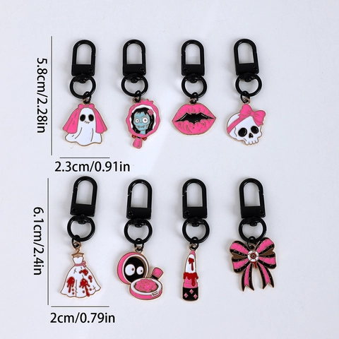 Rosa Halloween Emaille Metall Schlüsselanhänger Gothisch Gespenst Skelett Lippenstift Schleife Anhänger Kreative Tasche Damen Schmuck