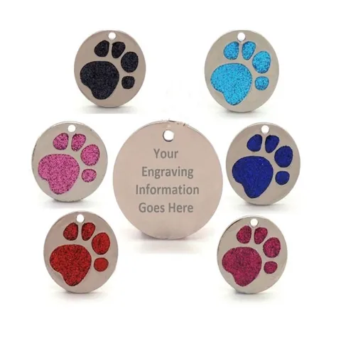 Round Paw Print Pet ID Tag Zinc Alloy Glitter Dog Cat Name Identity Tag Anti-Lost Puppy Kitten Collar Pendant Jewelry