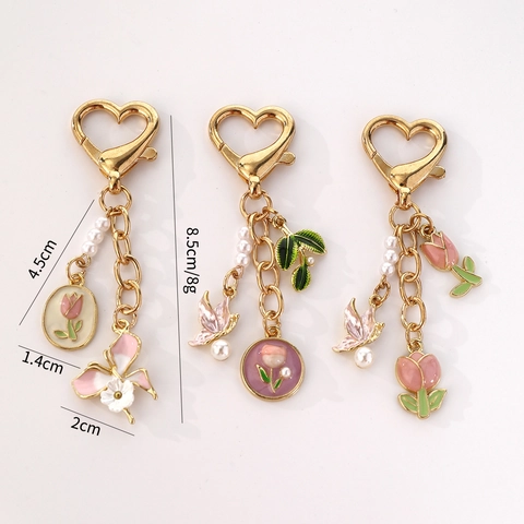 Llavero de Corazón de Tulipán de Aleación de Oro de Estilo Coreano Dulce Con Mariposa de Perla Artificial Esmalte Floral Bolso Funda de Teléfono Colgante Accesorio Joyería Regalo Mujer