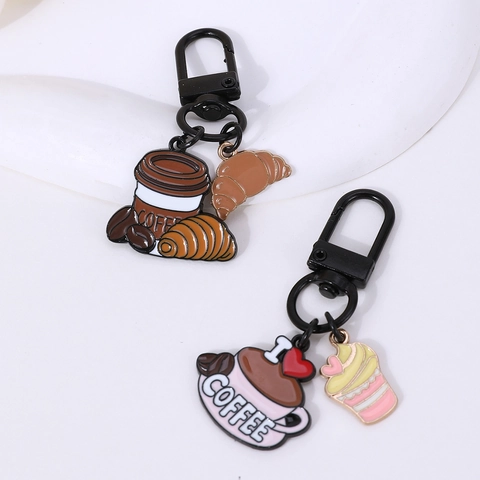 Cartoon Coffee Cup Keychain Enamel Metal Key Ring Bag Charm With Croissant Cupcake Pendant Accessory For Gift Women Men