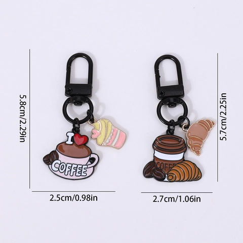 Cartoon Coffee Cup Keychain Enamel Metal Key Ring Bag Charm With Croissant Cupcake Pendant Accessory For Gift Women Men