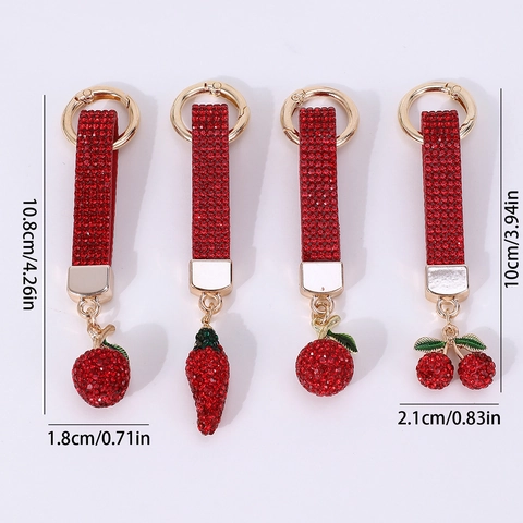 Luxury Metal Rhinestone Fruit Keychain Cherry Apple Strawberry Chili Bag Charm For Women Car Key Ring Jewelry Gift