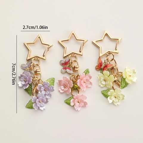 Women Fresh Cherry Blossom Butterfly Keychain With Gold Star Buckle Alloy Enamel Flower Bag Charm Pendant Gift Accessory