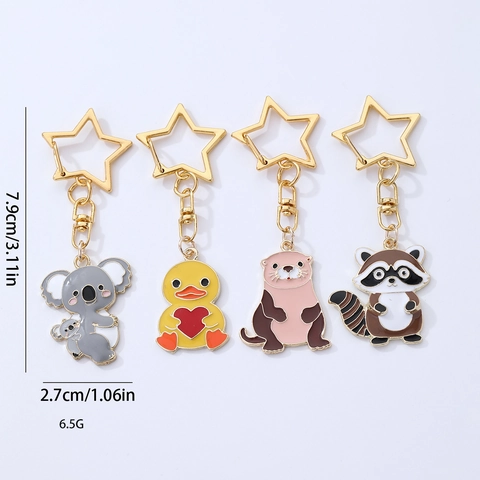 Cute Cartoon Animal Zinc Alloy Keychain Star Heart Buckle Enamel Fox Koala Raccoon Otter Duck Bag Pendant Keyring Gift