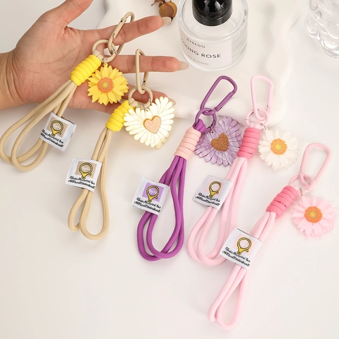 Handmade Woven Rope Keychain Phone Lanyard Decorative Floral Daisy Sunflower Pendant For Women Polyester Zinc Alloy Strap