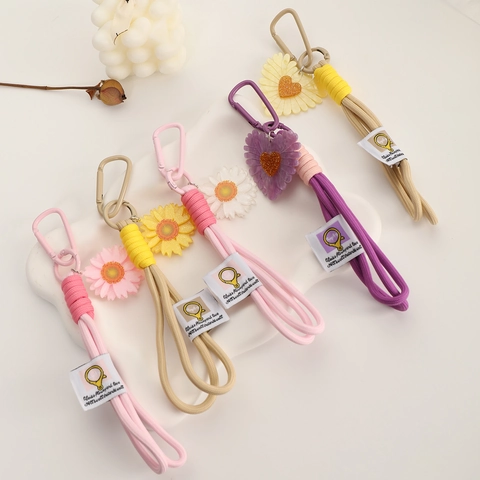 Handmade Woven Rope Keychain Phone Lanyard Decorative Floral Daisy Sunflower Pendant For Women Polyester Zinc Alloy Strap