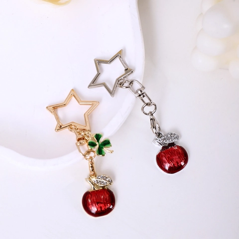 Fashion Zinc Alloy Red Apple Four Leaf Clover Metal Keychain Star Shape Ring Rhinestone Pendant Women Bag Charm Jewelry