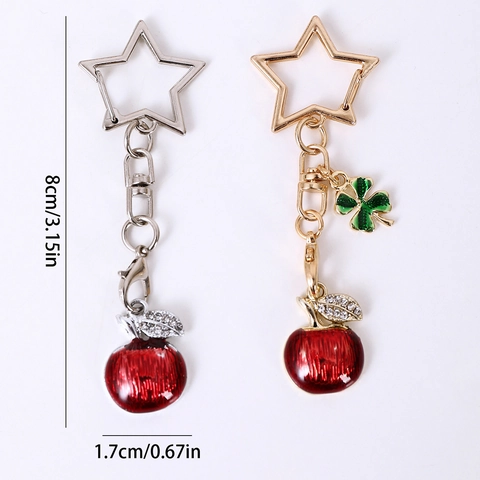 Fashion Zinc Alloy Red Apple Four Leaf Clover Metal Keychain Star Shape Ring Rhinestone Pendant Women Bag Charm Jewelry