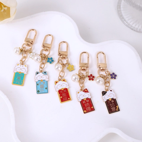 Glückskatze Schlüsselanhänger Zinklegierung Emaille Taschenanhänger Mit Künstliche Perle Blume Süßer Japanischer Stil Maneki Neko Geschenk
