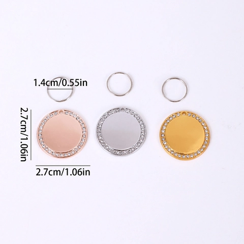 Zinc Alloy Round Pet ID Tag With Rhinestone Edge For Dogs Cats Metal Keychain Pendant For Pet Identification Accessories