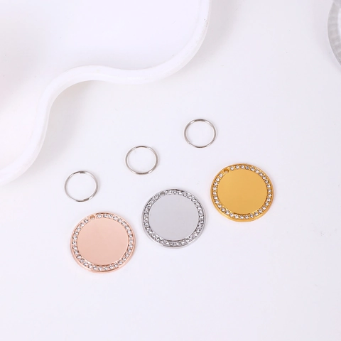 Zinc Alloy Round Pet ID Tag With Rhinestone Edge For Dogs Cats Metal Keychain Pendant For Pet Identification Accessories