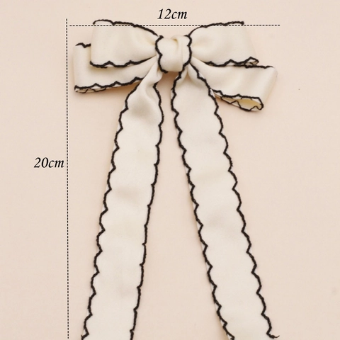 Franse Vintage Satijn Strik Haarspeld Met Lang Lint Golfrand Contrastkleur Elegant Zoet Haaraccessoire Voor Vrouwen