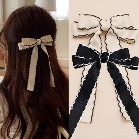 Franse Vintage Satijn Strik Haarspeld Met Lang Lint Golfrand Contrastkleur Elegant Zoet Haaraccessoire Voor Vrouwen